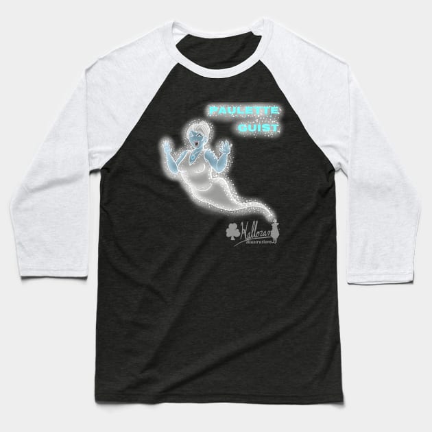 Paulette Guist the Hauntingly Friendly Ghost Baseball T-Shirt by Halloran Illustrations